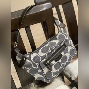 Coach Signature Logo Gray Black Leather Handbag Purse Canvas Jacquard Hobo